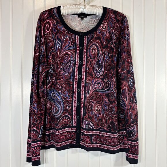 Talbots Women Cardigan Button Up Size L Navy Paisley Office Holiday Preppy Artsy - Picture 1 of 10